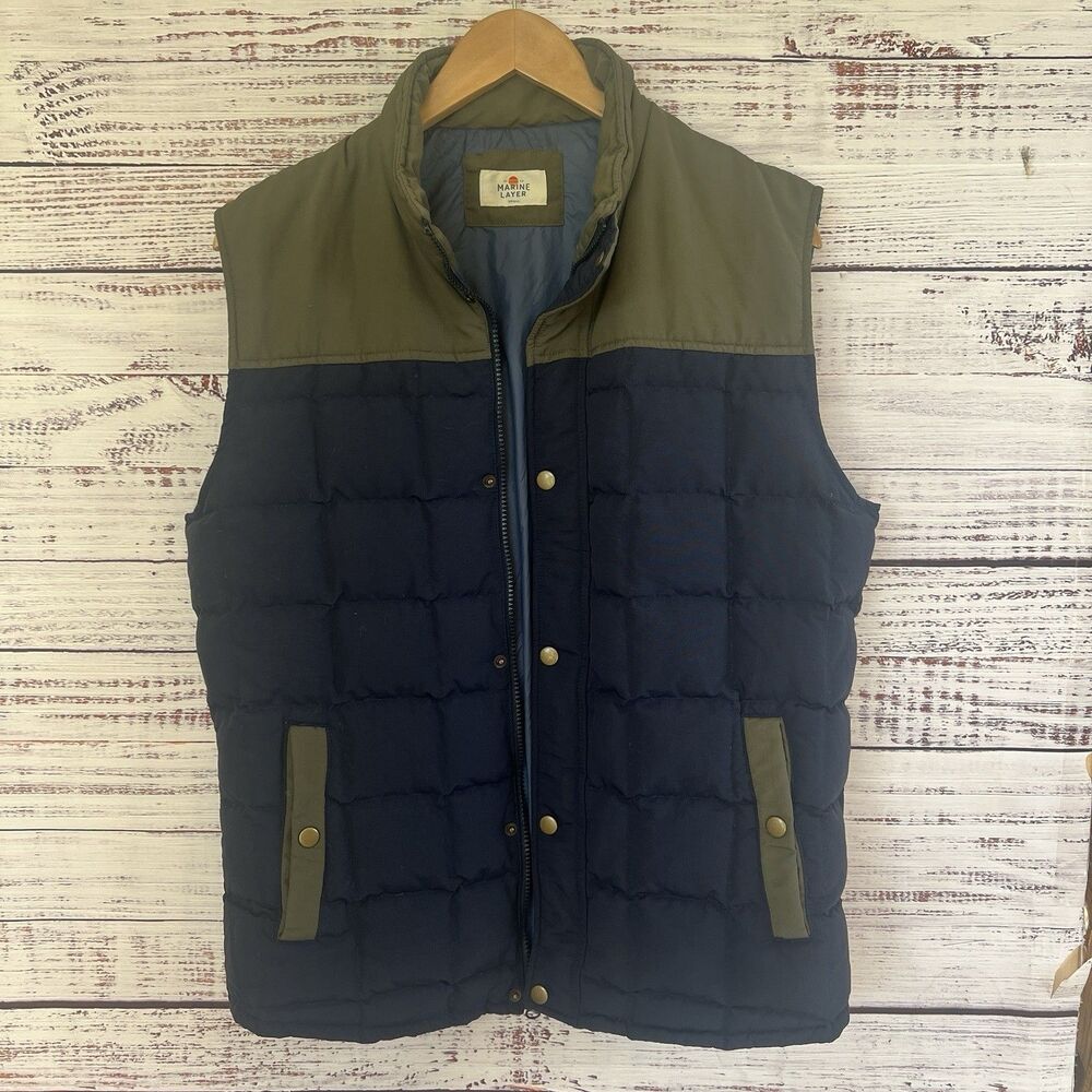 Marine Layer Vest Mens Small Navy Colorblock Blue Green Duck Down Puffer Outdoor - Picture 2 of 8